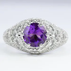 AMETHYST STERLING SILVER RING VINTAGE STYLE FILIGREE ROUND CUT ART DECO GEMSTONE