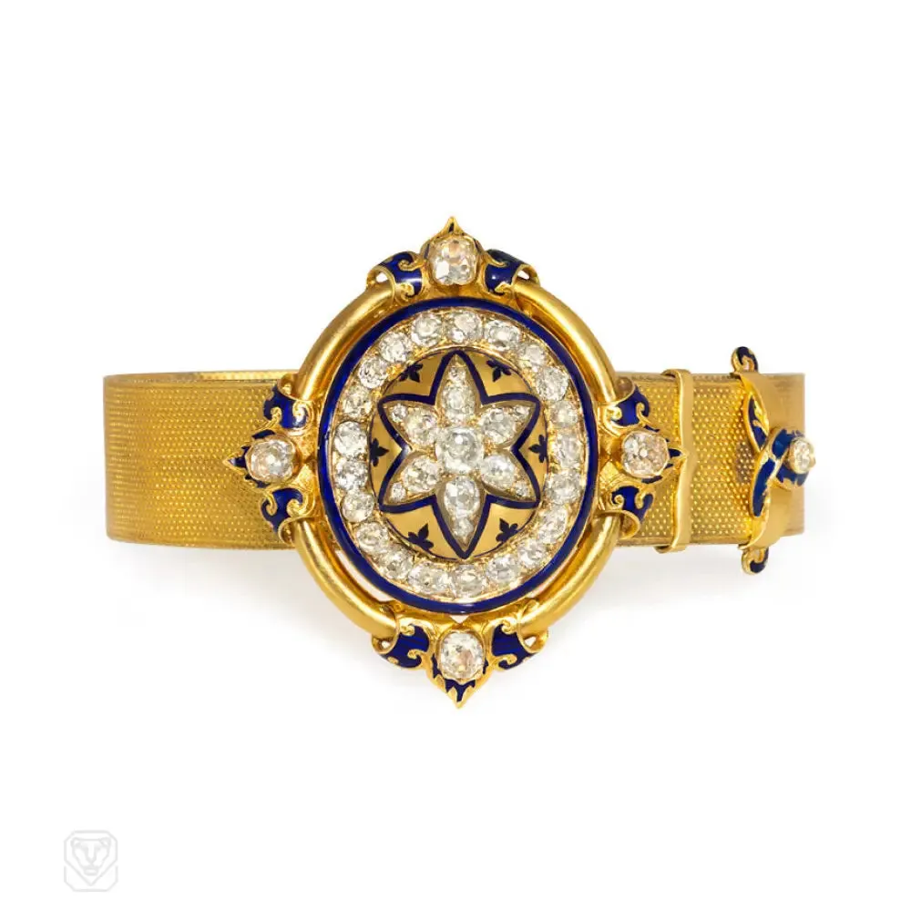 Antique gold, diamond, and enamel jarretière bracelet