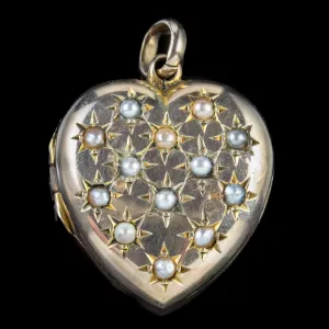 Antique Victorian Heart Locket Pearl 9Ct Gold Circa 1900