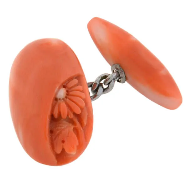 Art Deco 14kt Natural Coral Hand Carved Flower Cufflinks