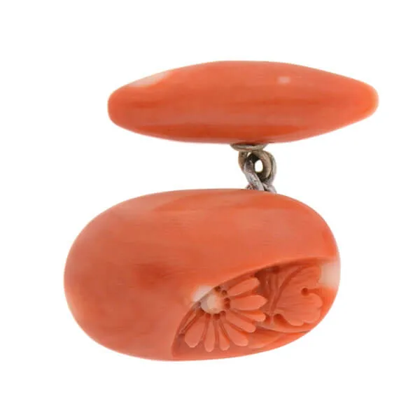 Art Deco 14kt Natural Coral Hand Carved Flower Cufflinks