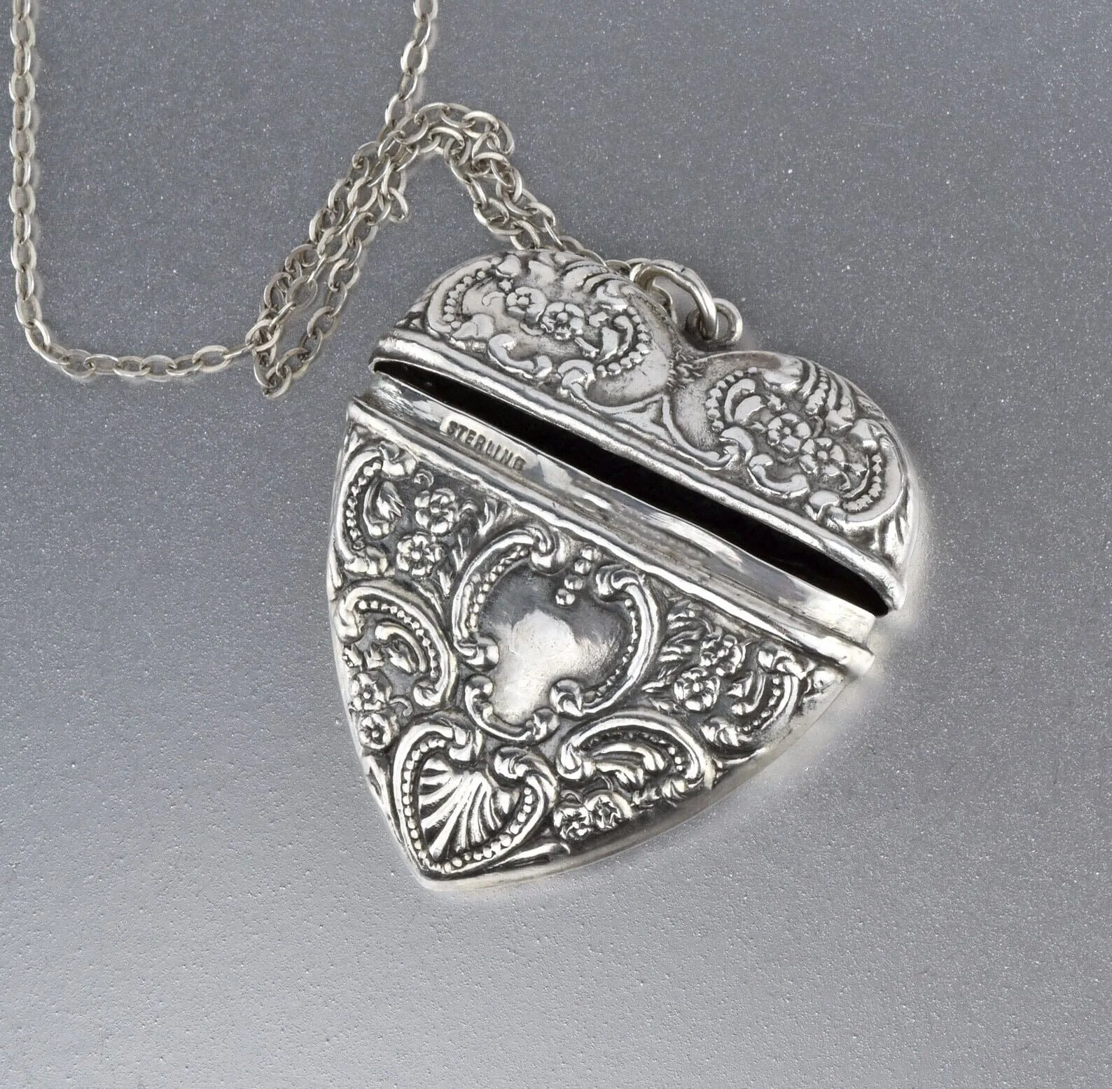 Art Nouveau Style Large Silver Repousse Heart Locket Necklace