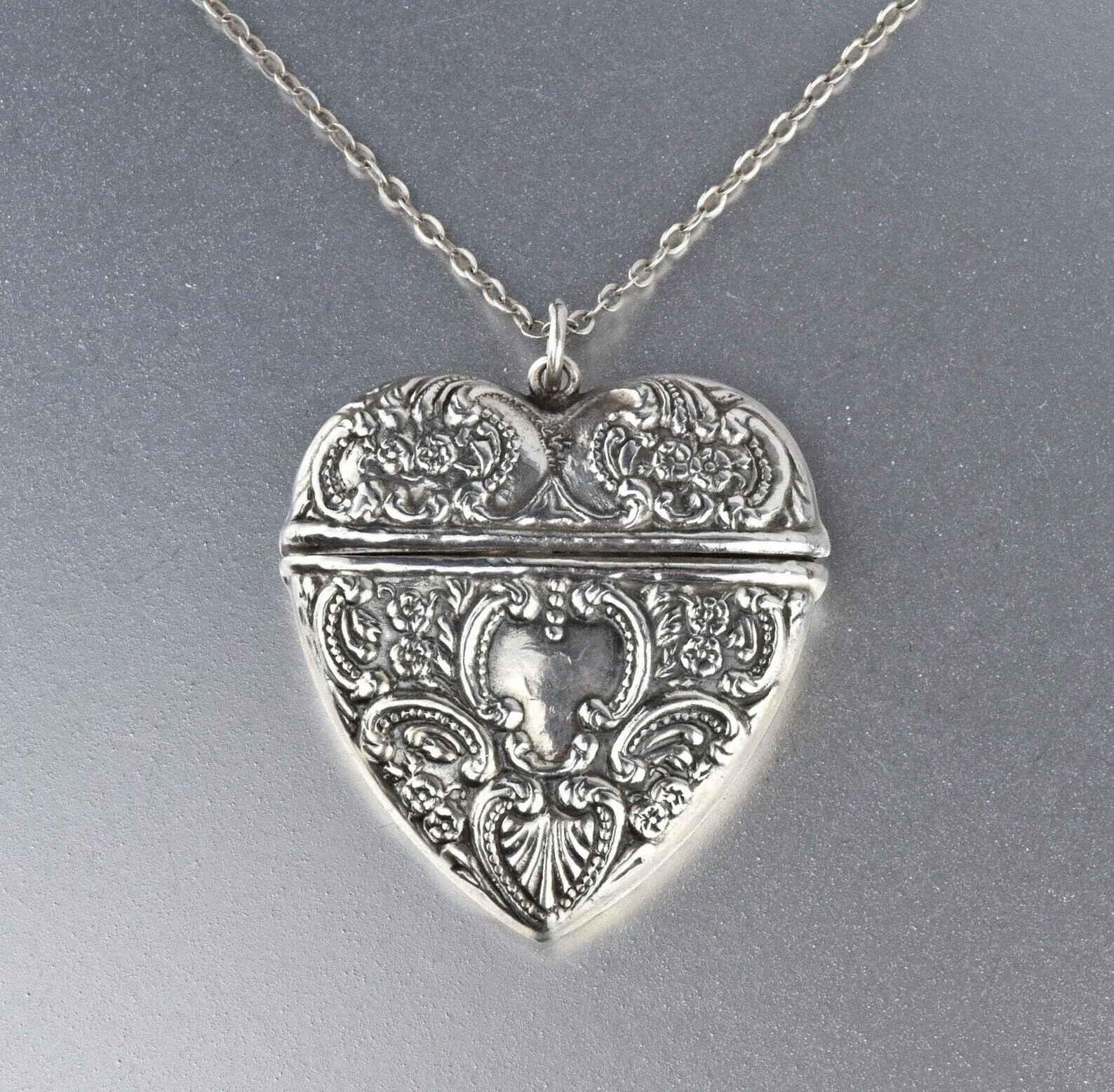 Art Nouveau Style Large Silver Repousse Heart Locket Necklace