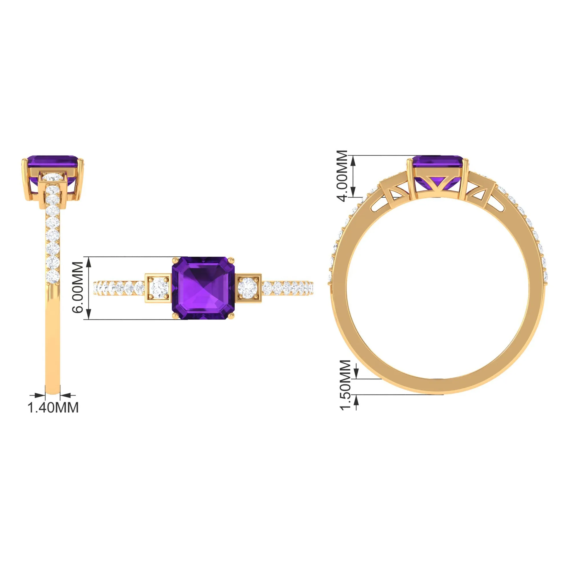 Asscher Cut Amethyst Solitaire Engagement Ring with Diamond