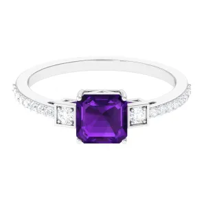 Asscher Cut Amethyst Solitaire Engagement Ring with Diamond