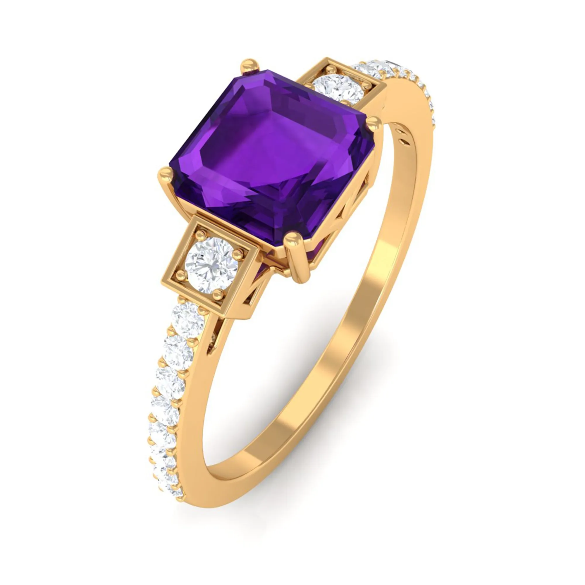 Asscher Cut Amethyst Solitaire Engagement Ring with Diamond