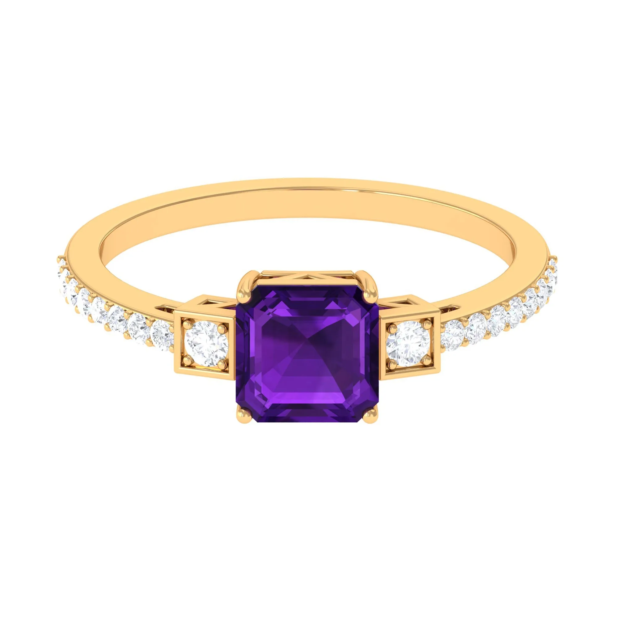 Asscher Cut Amethyst Solitaire Engagement Ring with Diamond