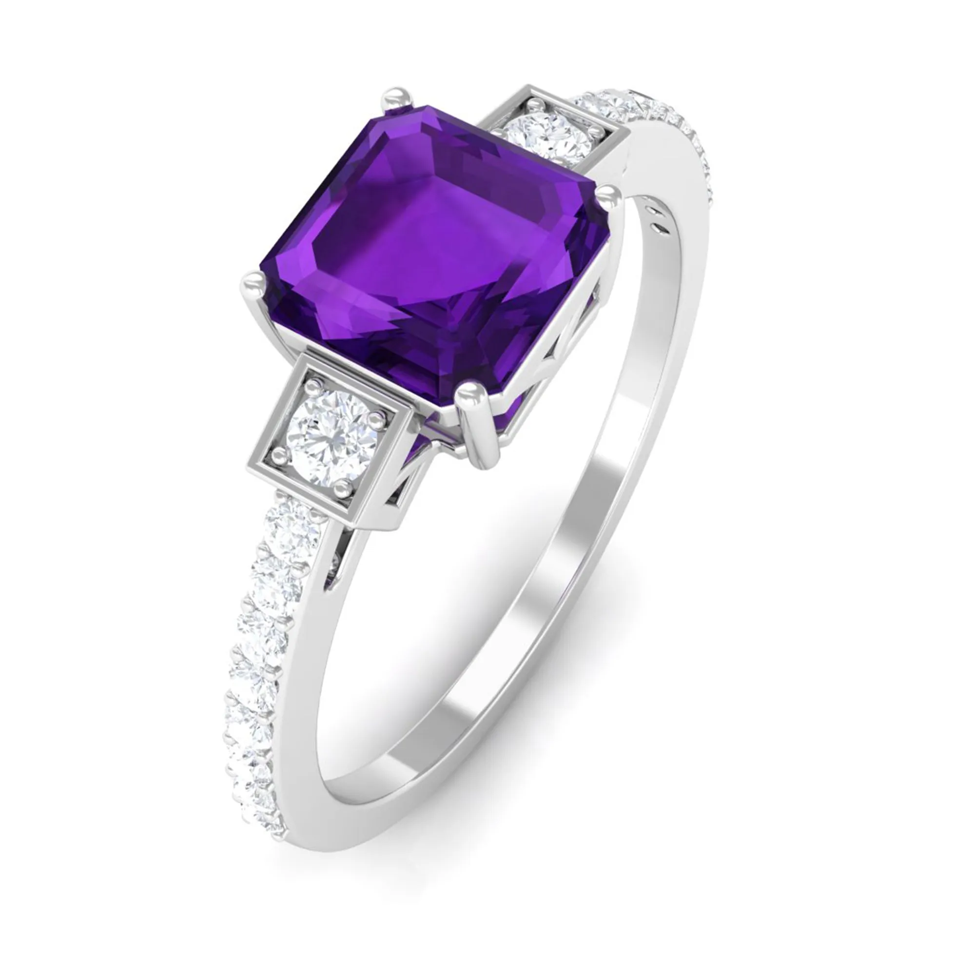 Asscher Cut Amethyst Solitaire Engagement Ring with Diamond