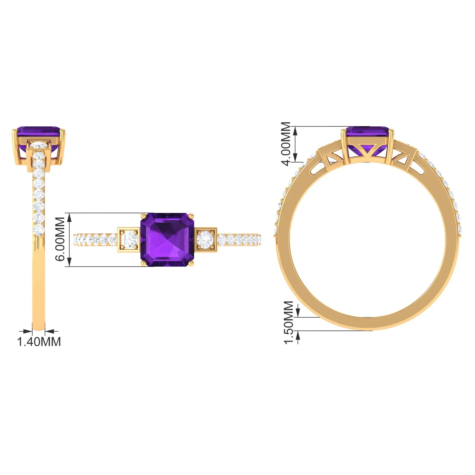 Asscher Cut Amethyst Solitaire Engagement Ring with Diamond