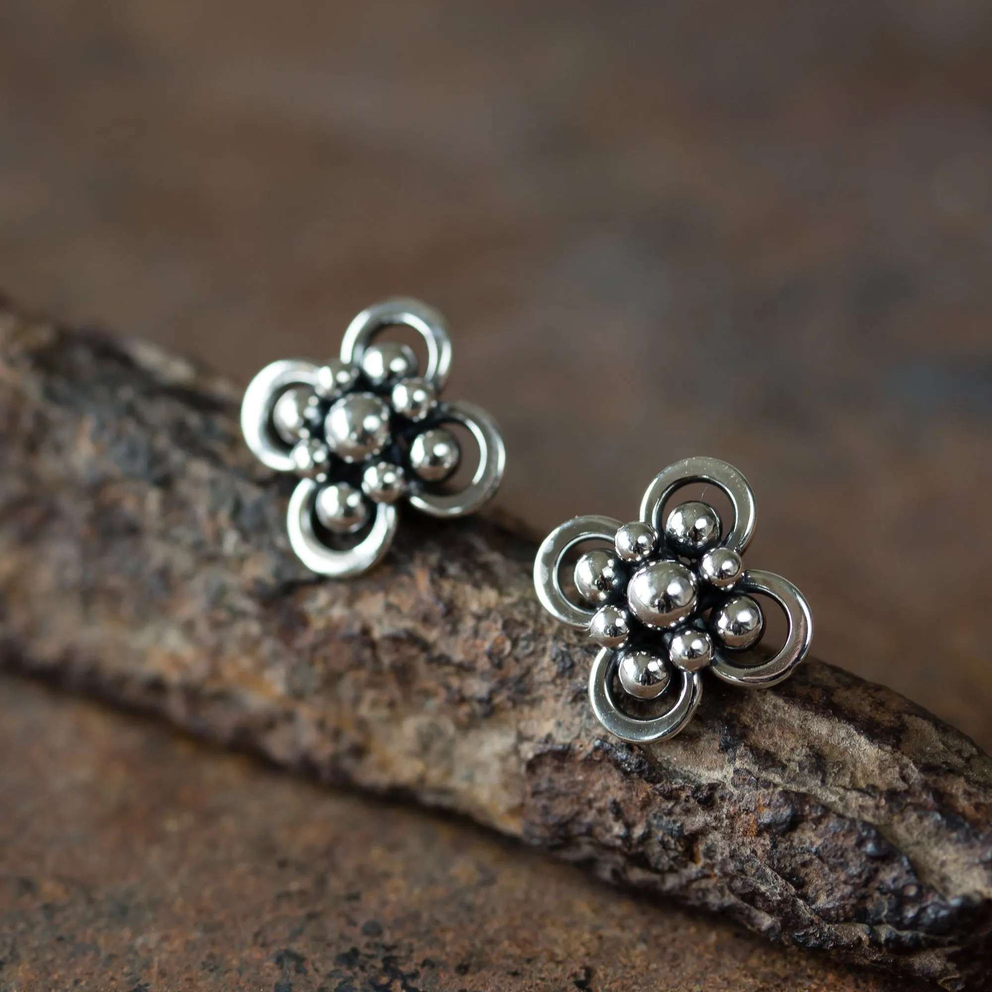 Atomic Arabesque Starburst Flower Stud Earrings, Sterling Silver