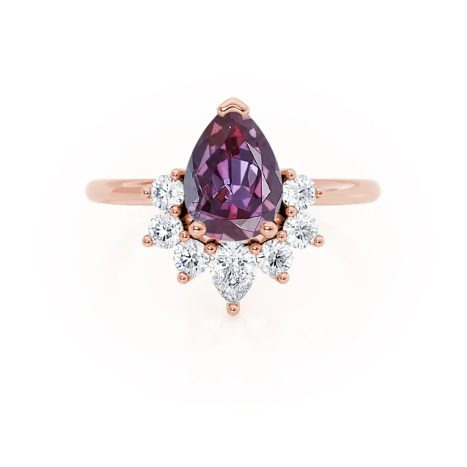 BALLET - Chatham® Pear Alexandrite & Diamond Half Halo Tiara Ring 18k Rose Gold