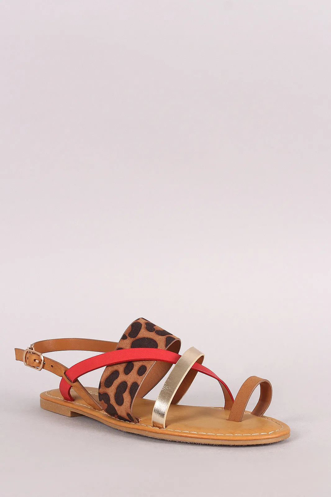 Bamboo Leopard Strappy Toe Ring Slingback Flat Sandal