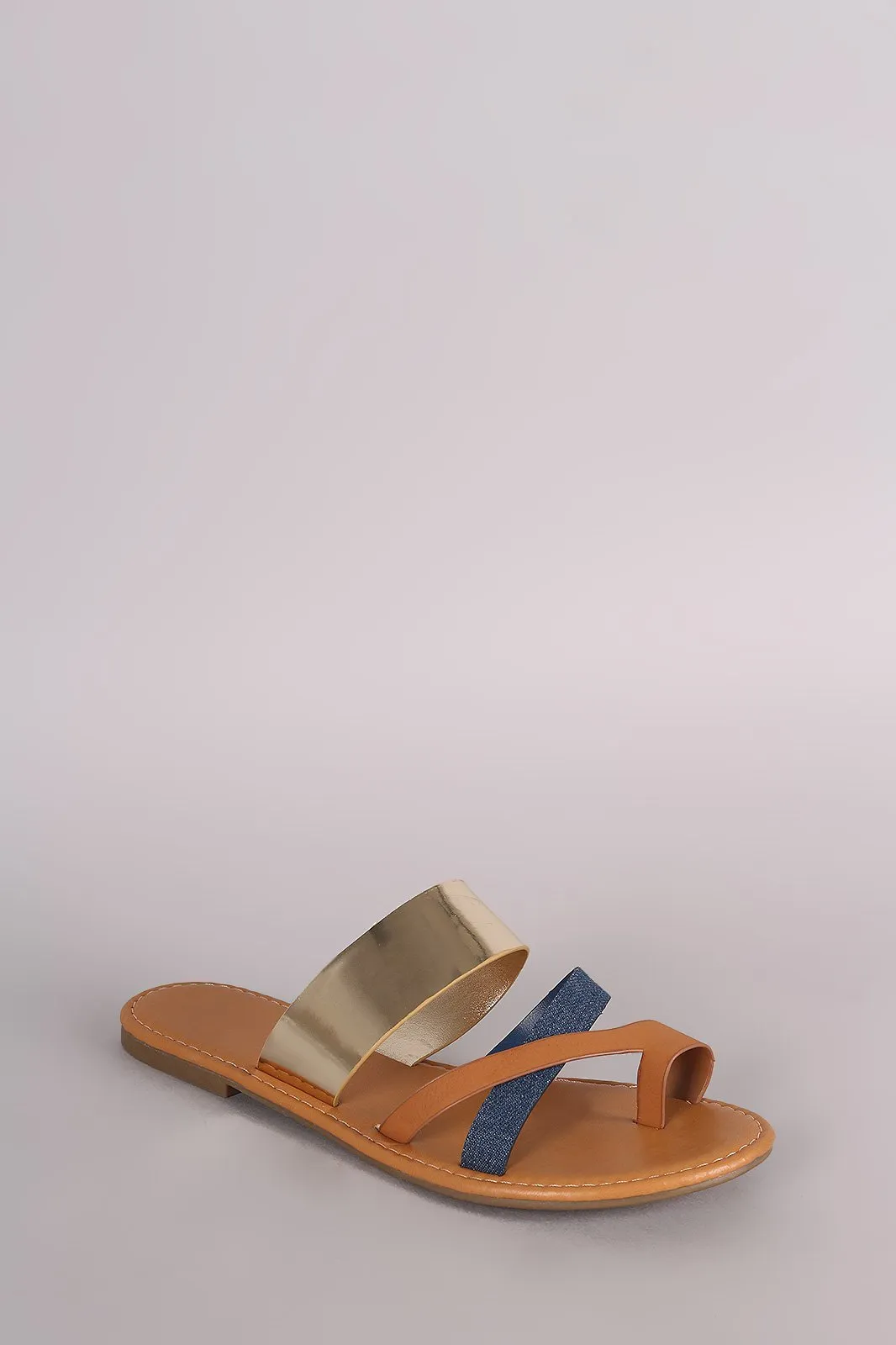 Bamboo Metallic Denim Strappy Toe Ring Flat Slip On Sandal