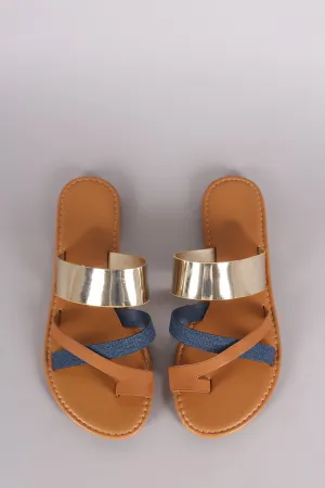 Bamboo Metallic Denim Strappy Toe Ring Flat Slip On Sandal