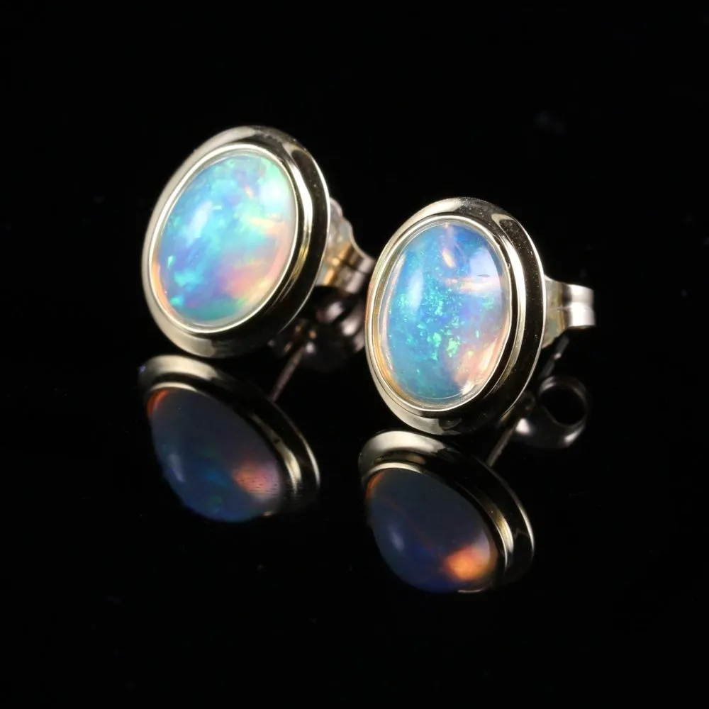 Beautiful Natural Opal Stud Gold Earrings 9Ct Gold