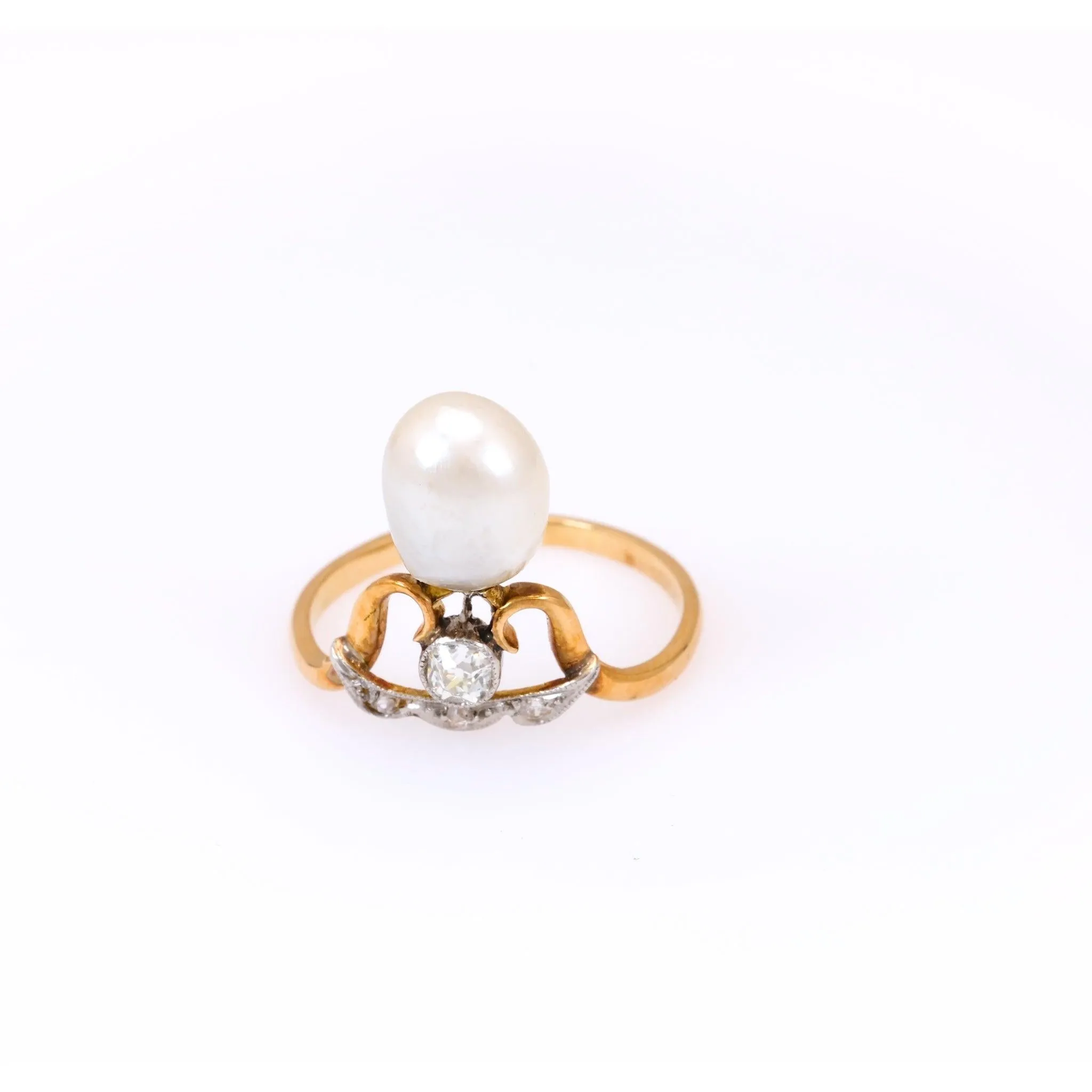 Belle Époque French Pearl and Diamond 18k Yellow Gold Platinum Tiara Ring