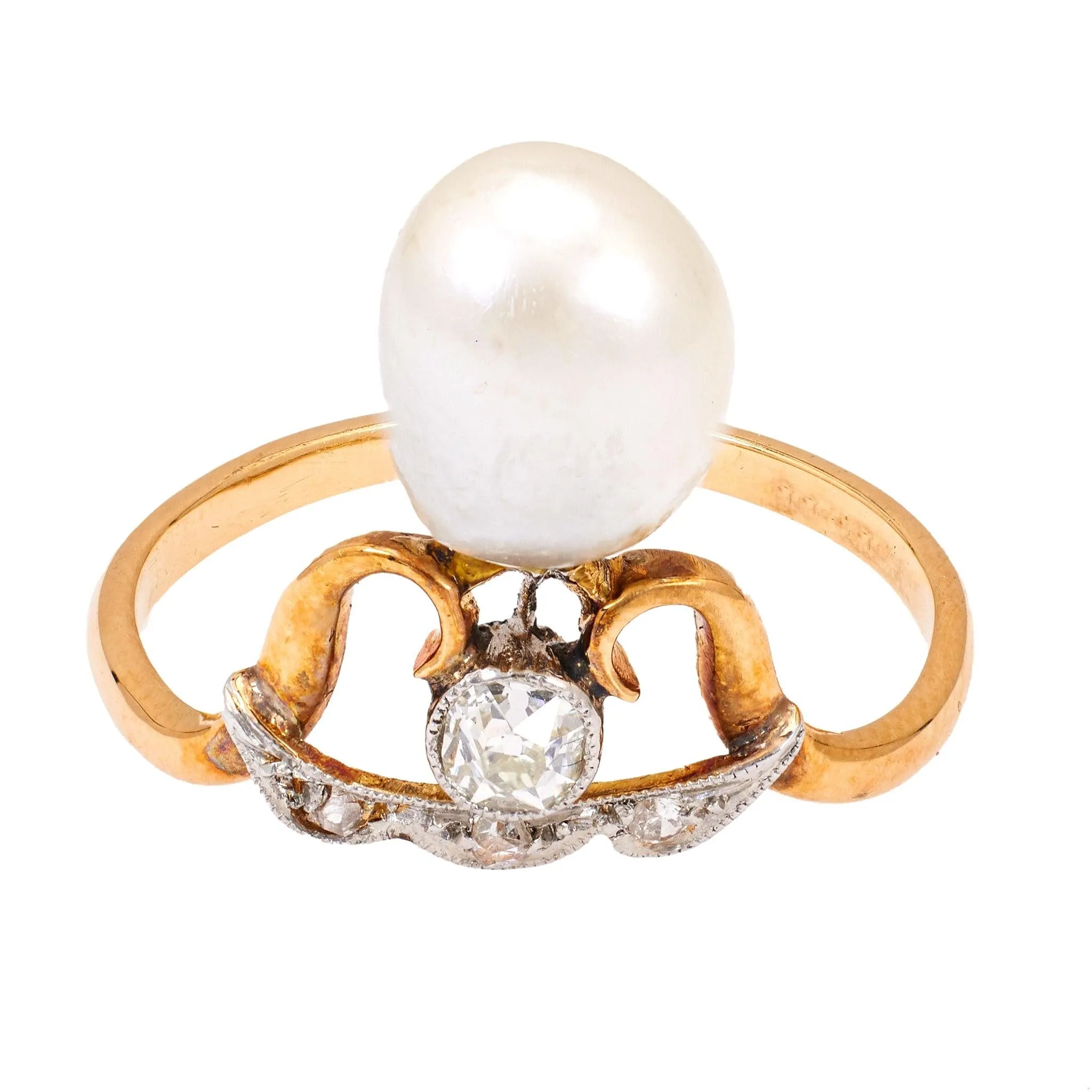 Belle Époque French Pearl and Diamond 18k Yellow Gold Platinum Tiara Ring