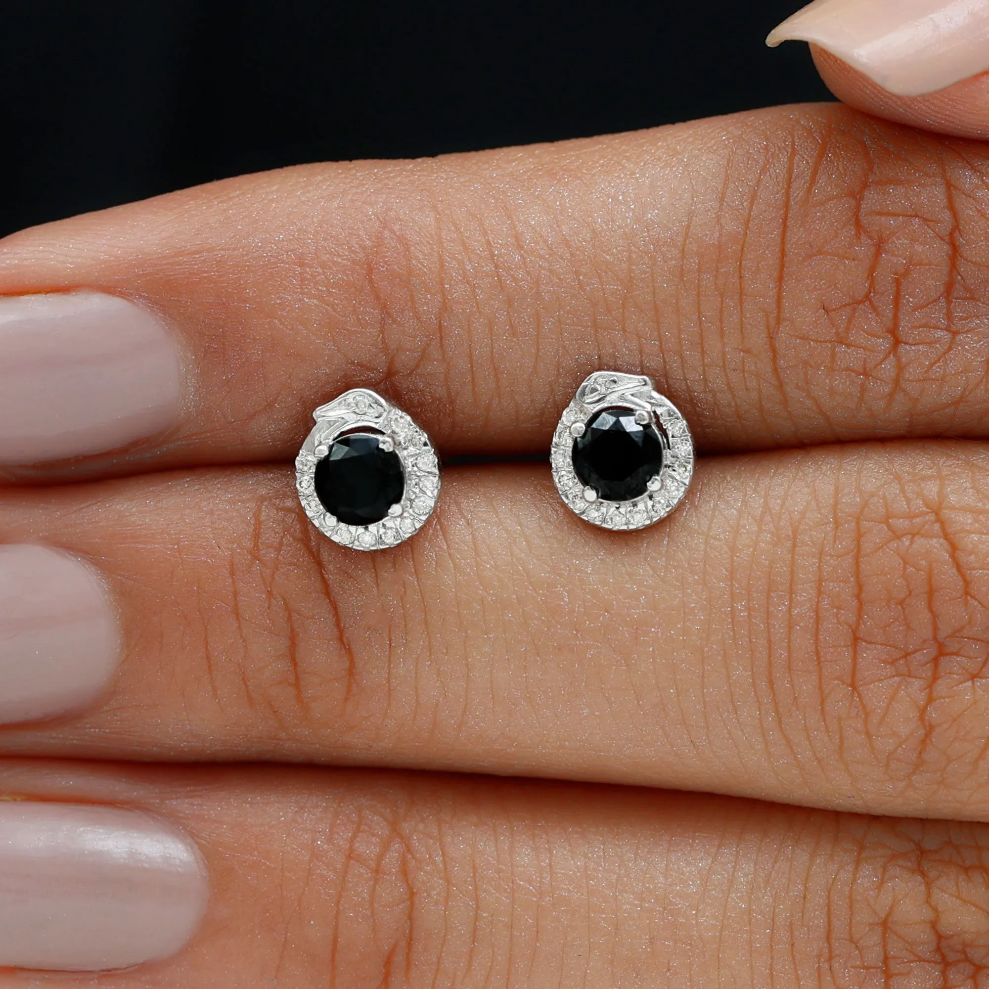 Black and White Diamond Snake Stud Earrings in Claw Set