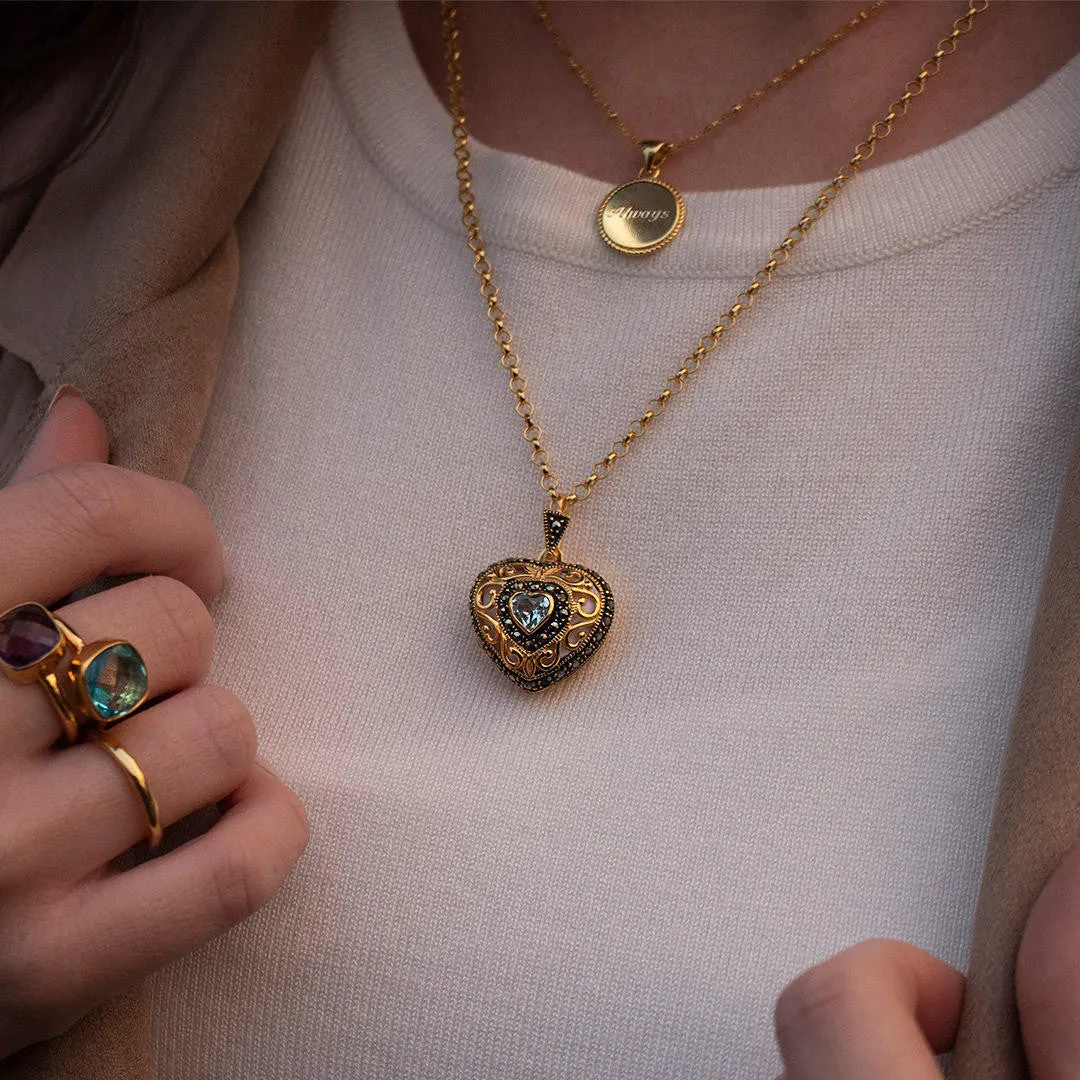 Blue Topaz Vintage Heart Locket | Gold