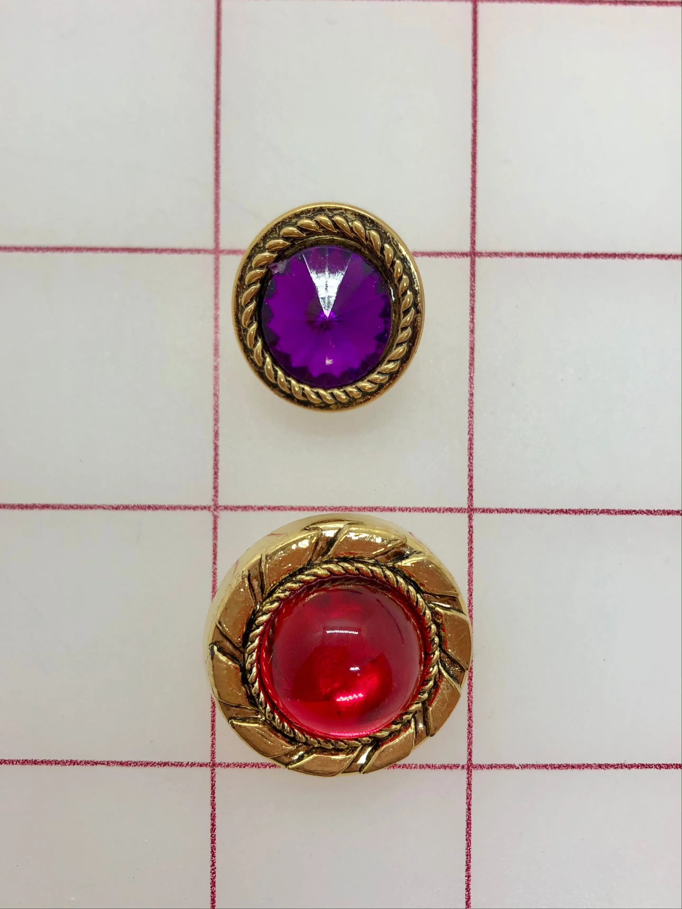 Button - Gold Buttons with Red and Purple Acrylic Rhinestone 2-Pack Close-Out