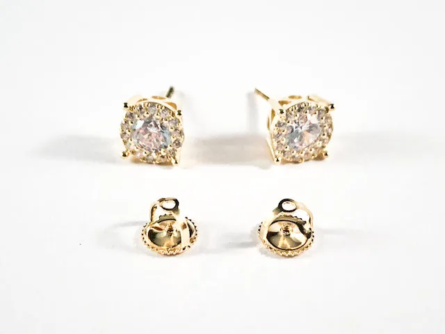 Classic Round Cut Single 8 mm CZ Stud Screw Back Gold Tone Silver Earrings