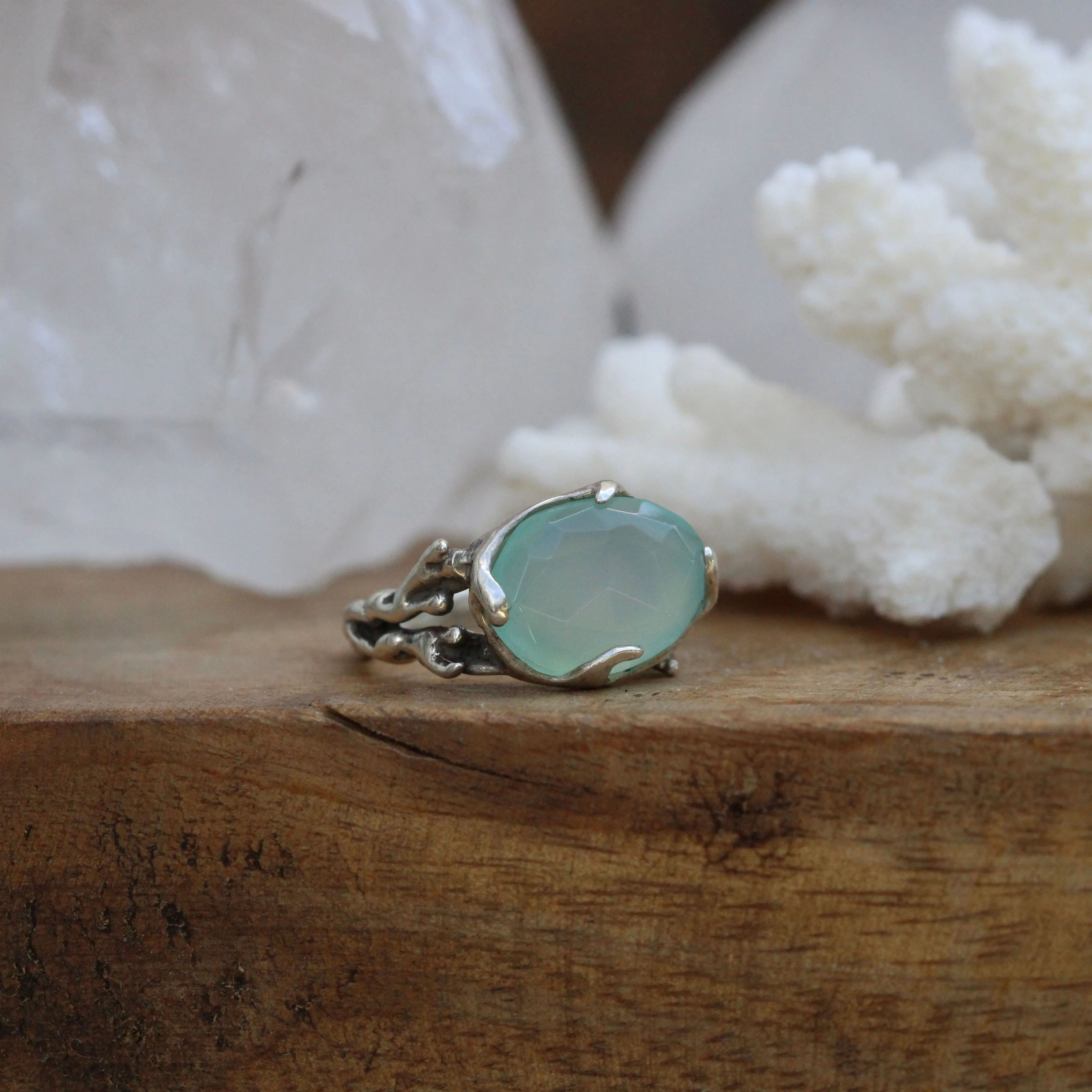 Coral and Aqua Chalcedony sterling silver one of a kind ring Beach Comber Collelction