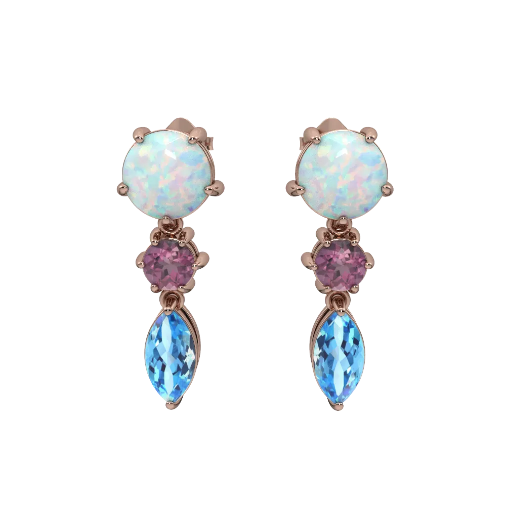 Created Opal, Pink Tourmaline and Blue Topaz Rose Gold Earrings