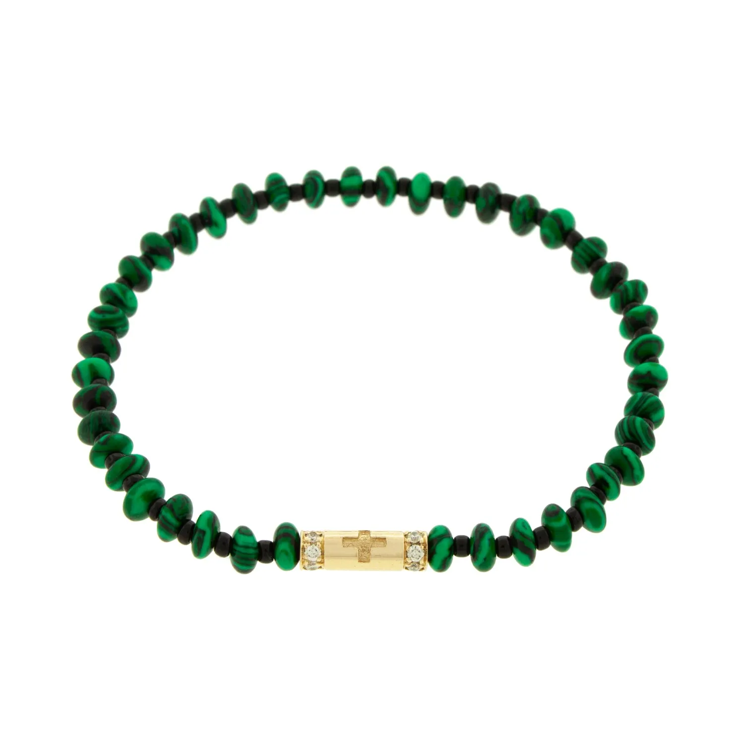 Cross Slim Tube with White Diamonds on Malachite Bracelet