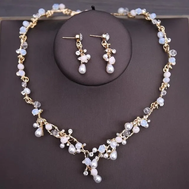 Crystal Beaded Gold Pearl Floral Butterfly Tiara- Crown or Jewelry Set