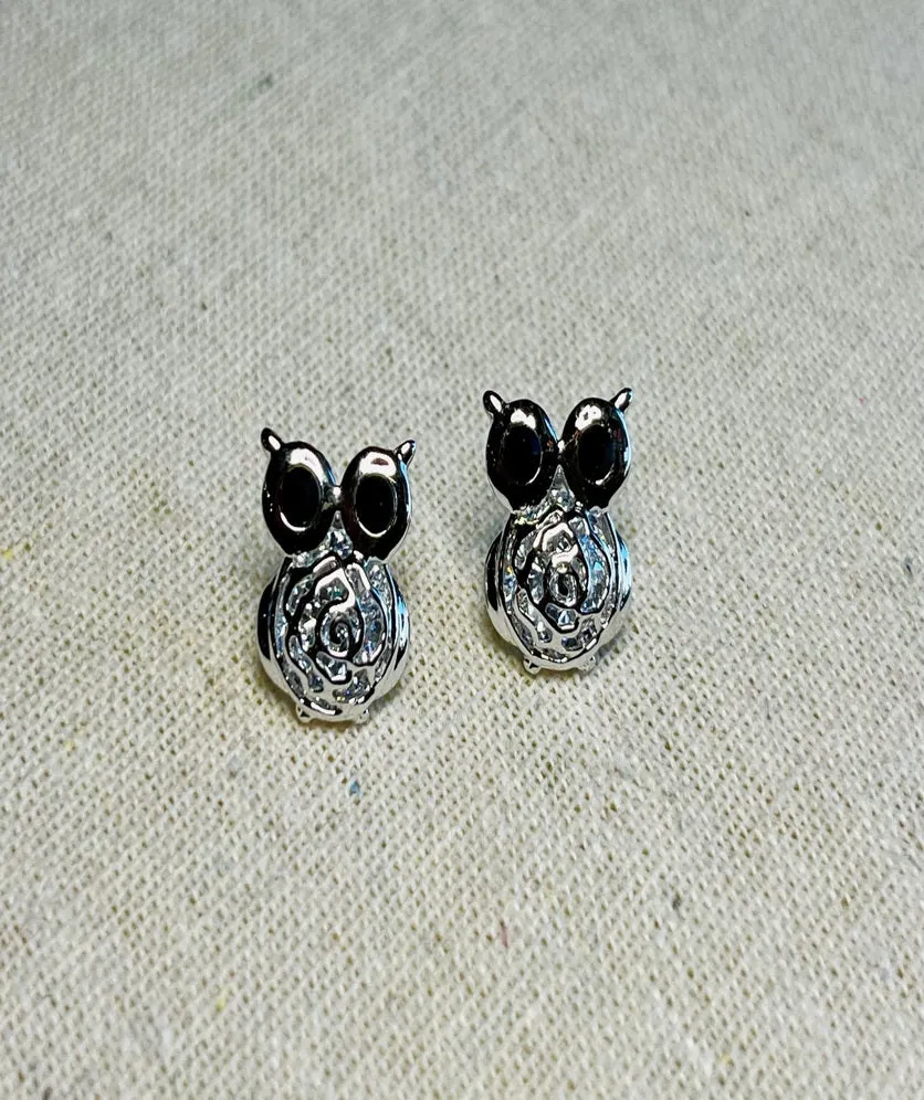 Crystal Owl Stud Earrings Cute Cutout Flower