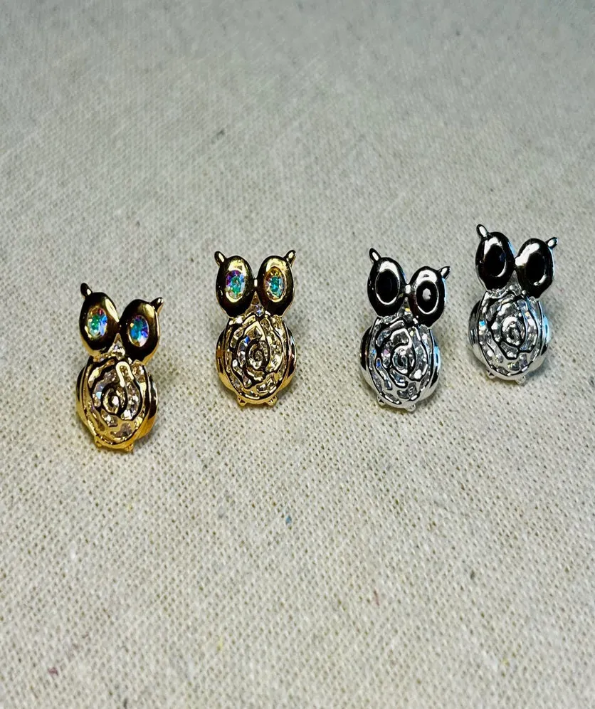 Crystal Owl Stud Earrings Cute Cutout Flower