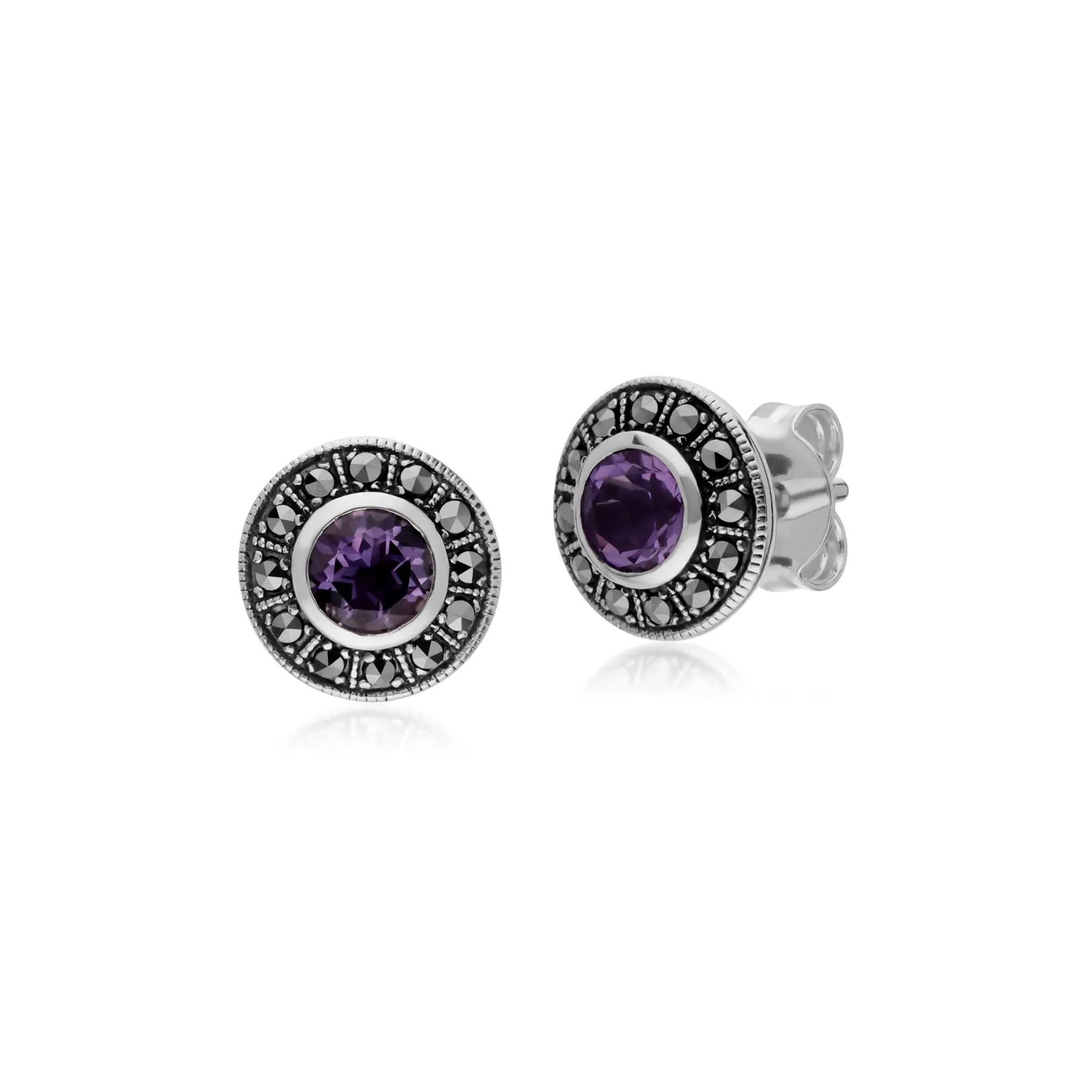 Damen Sterling Silber Runde Amethyst und Markasit Cluster Ohrstecker