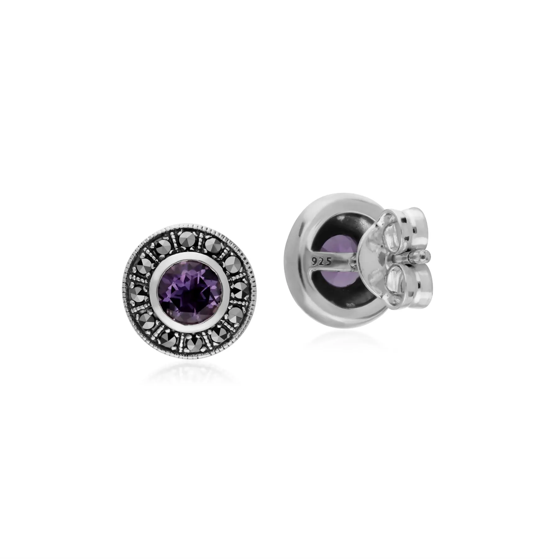 Damen Sterling Silber Runde Amethyst und Markasit Cluster Ohrstecker