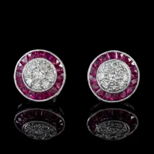 Diamond Ruby Cluster Stud Earrings Platinum