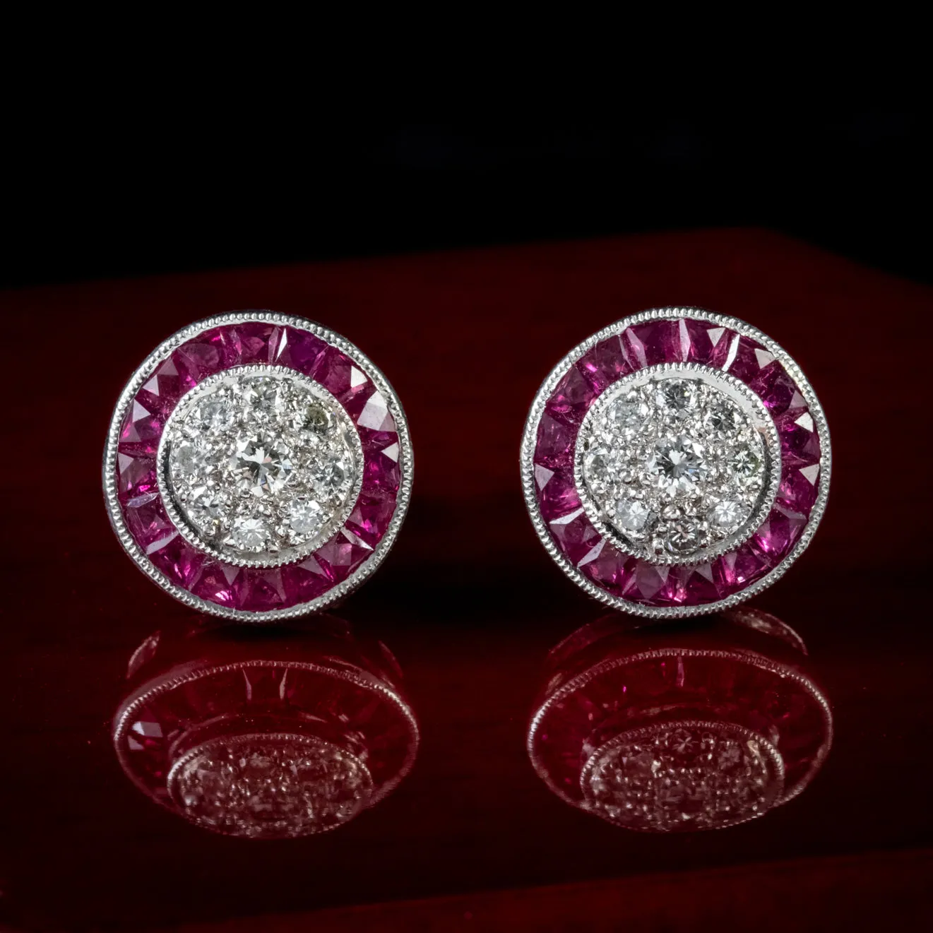 Diamond Ruby Cluster Stud Earrings Platinum