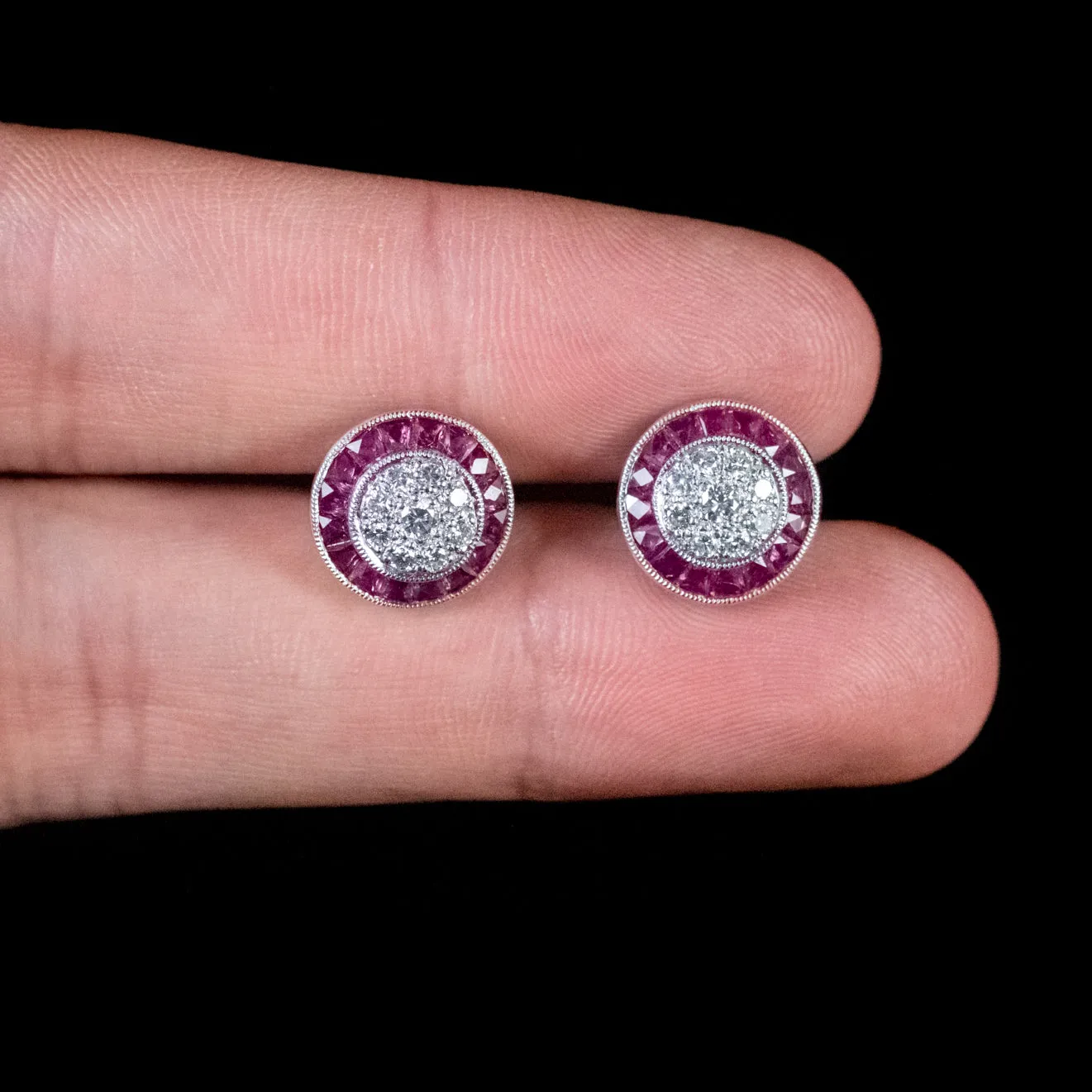 Diamond Ruby Cluster Stud Earrings Platinum