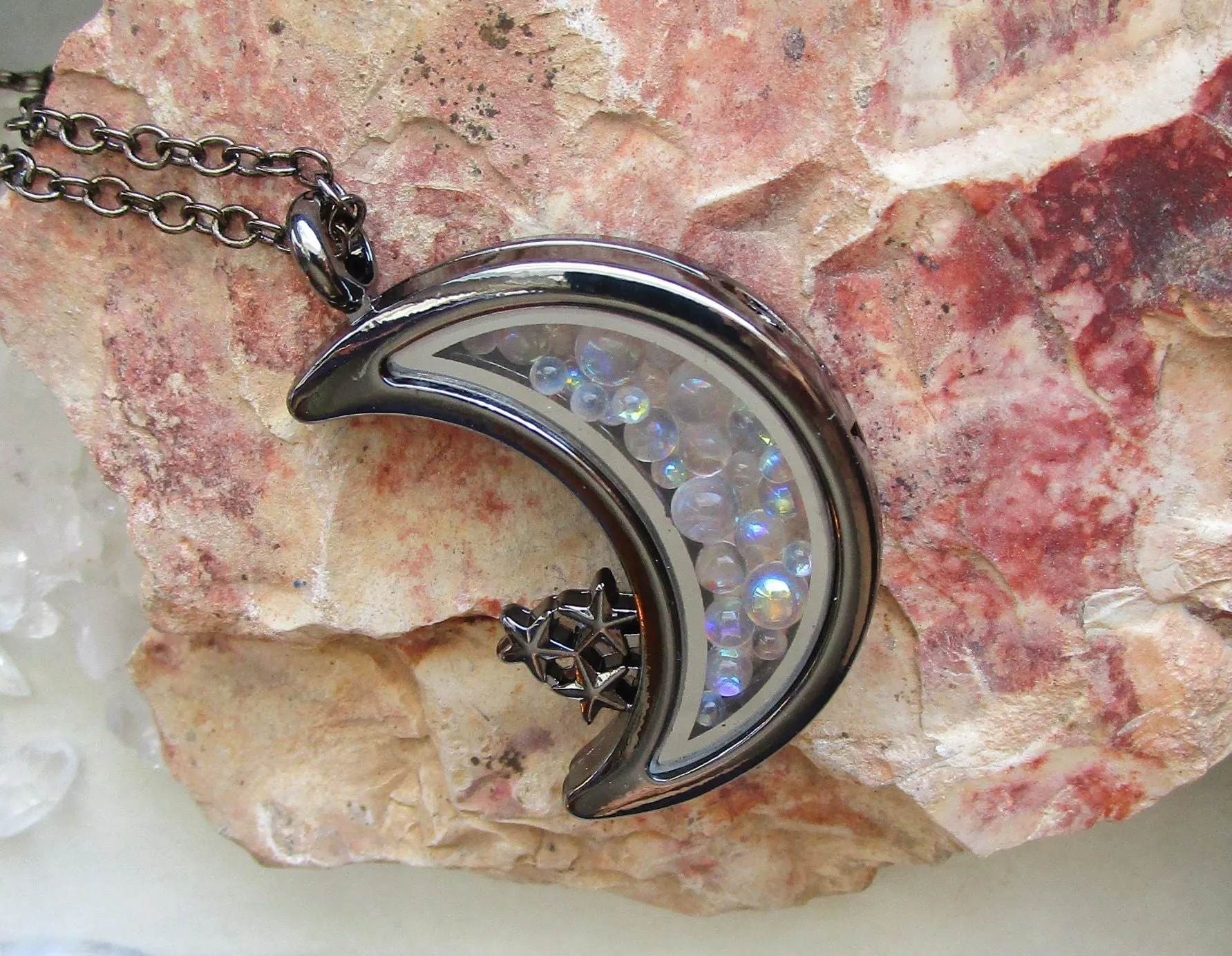 Double Sided Glass and Gunmetal Moon Locket Pendant Necklace