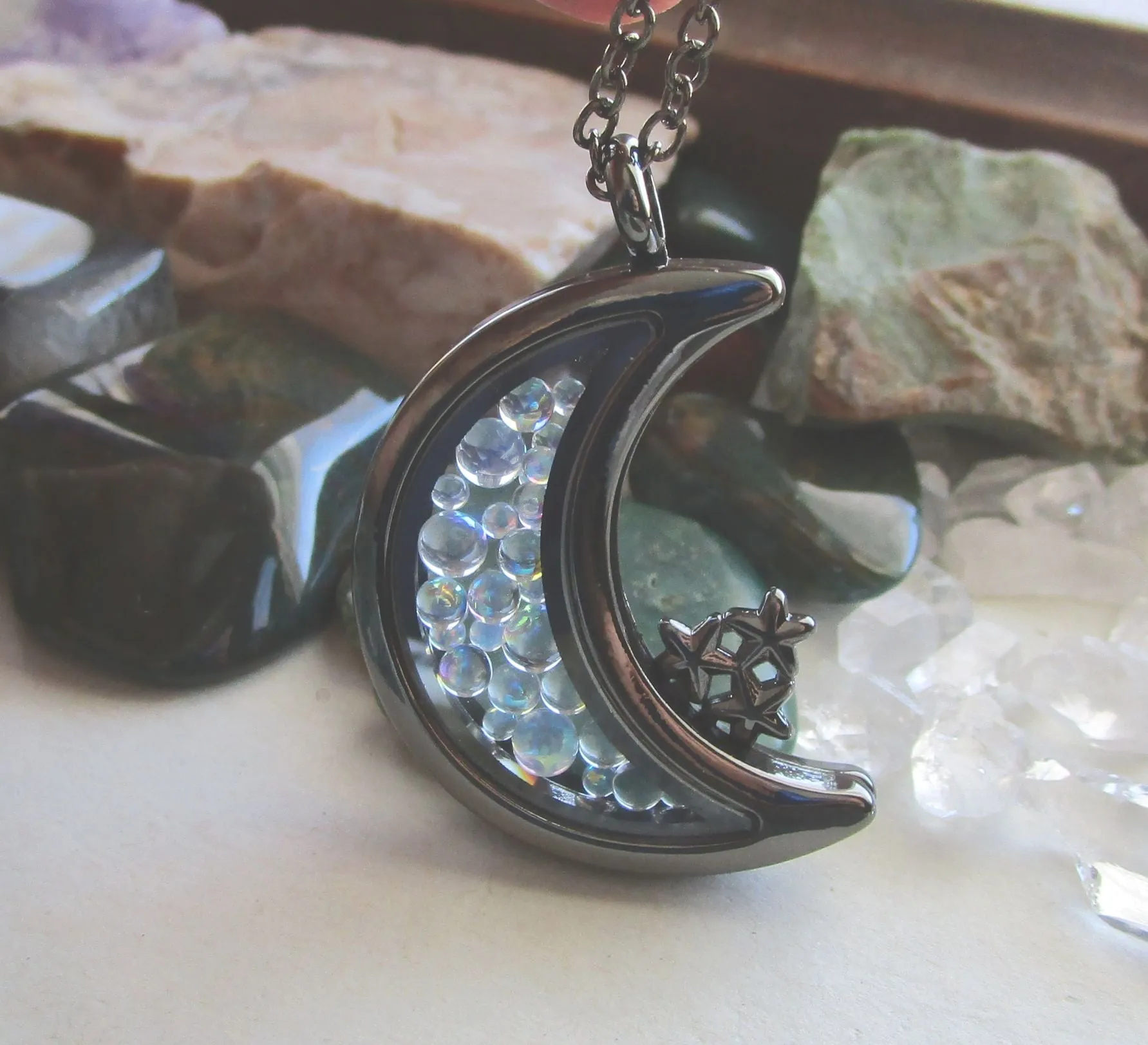 Double Sided Glass and Gunmetal Moon Locket Pendant Necklace