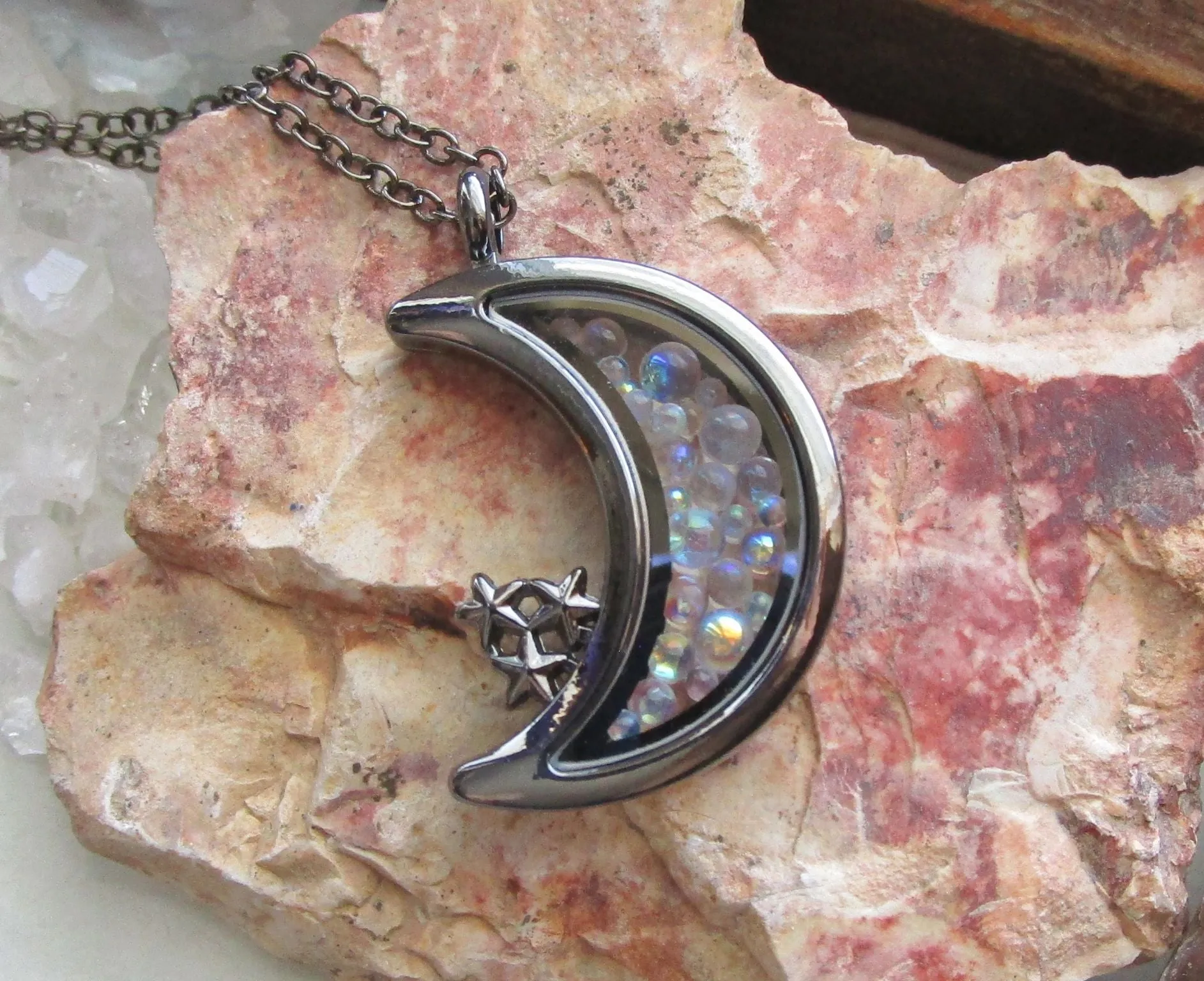 Double Sided Glass and Gunmetal Moon Locket Pendant Necklace