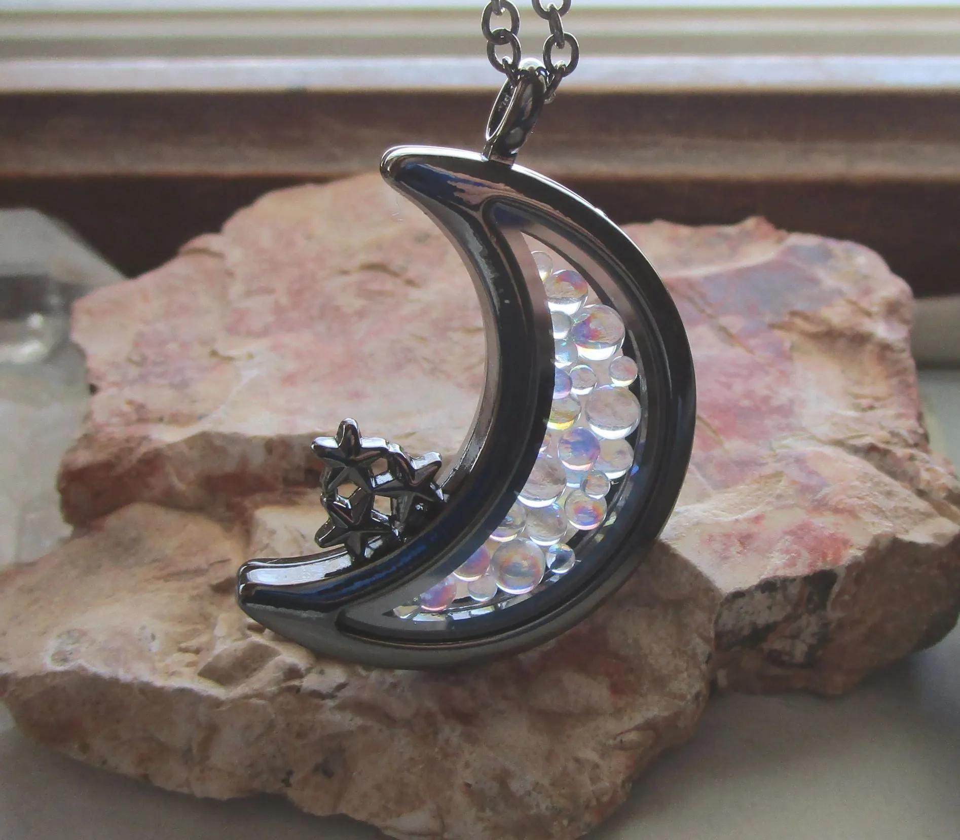 Double Sided Glass and Gunmetal Moon Locket Pendant Necklace