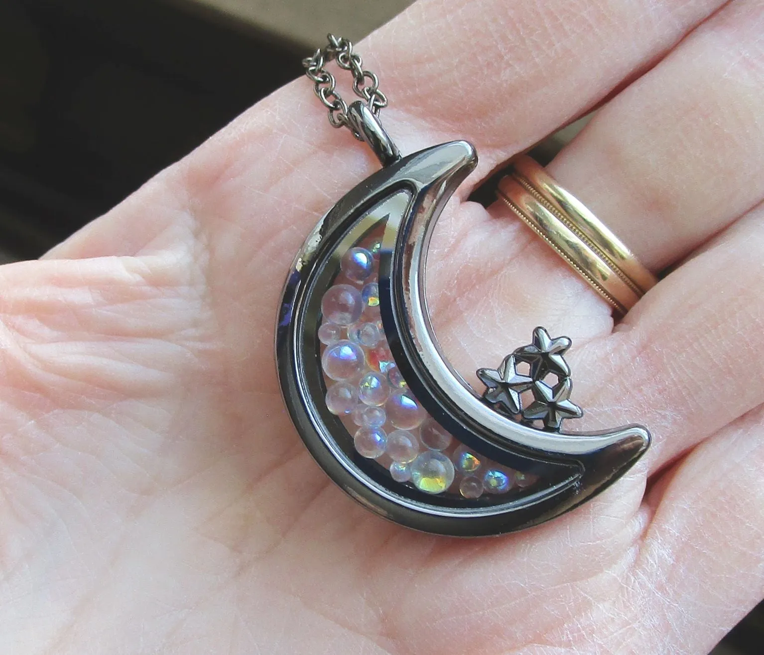 Double Sided Glass and Gunmetal Moon Locket Pendant Necklace