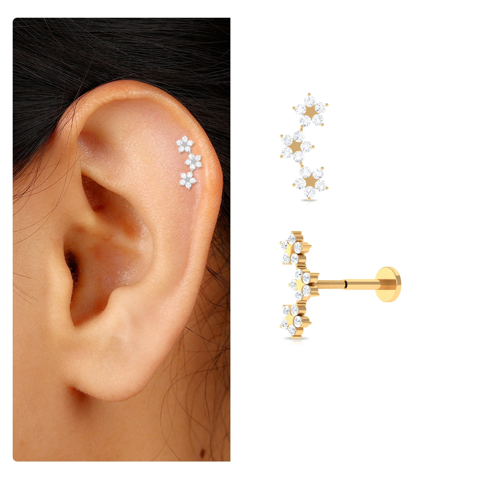 Elegant Diamond Flower Crawler Earring for Helix Piercing