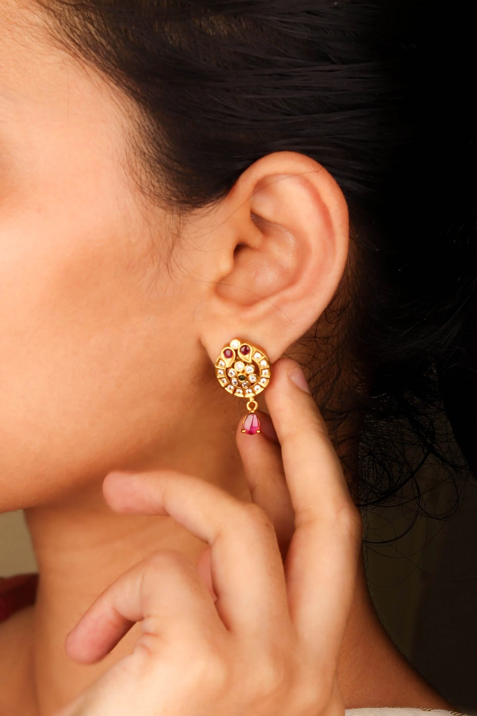 Elegant South Indian Earring With Ruby Color Stone Drop For Womens