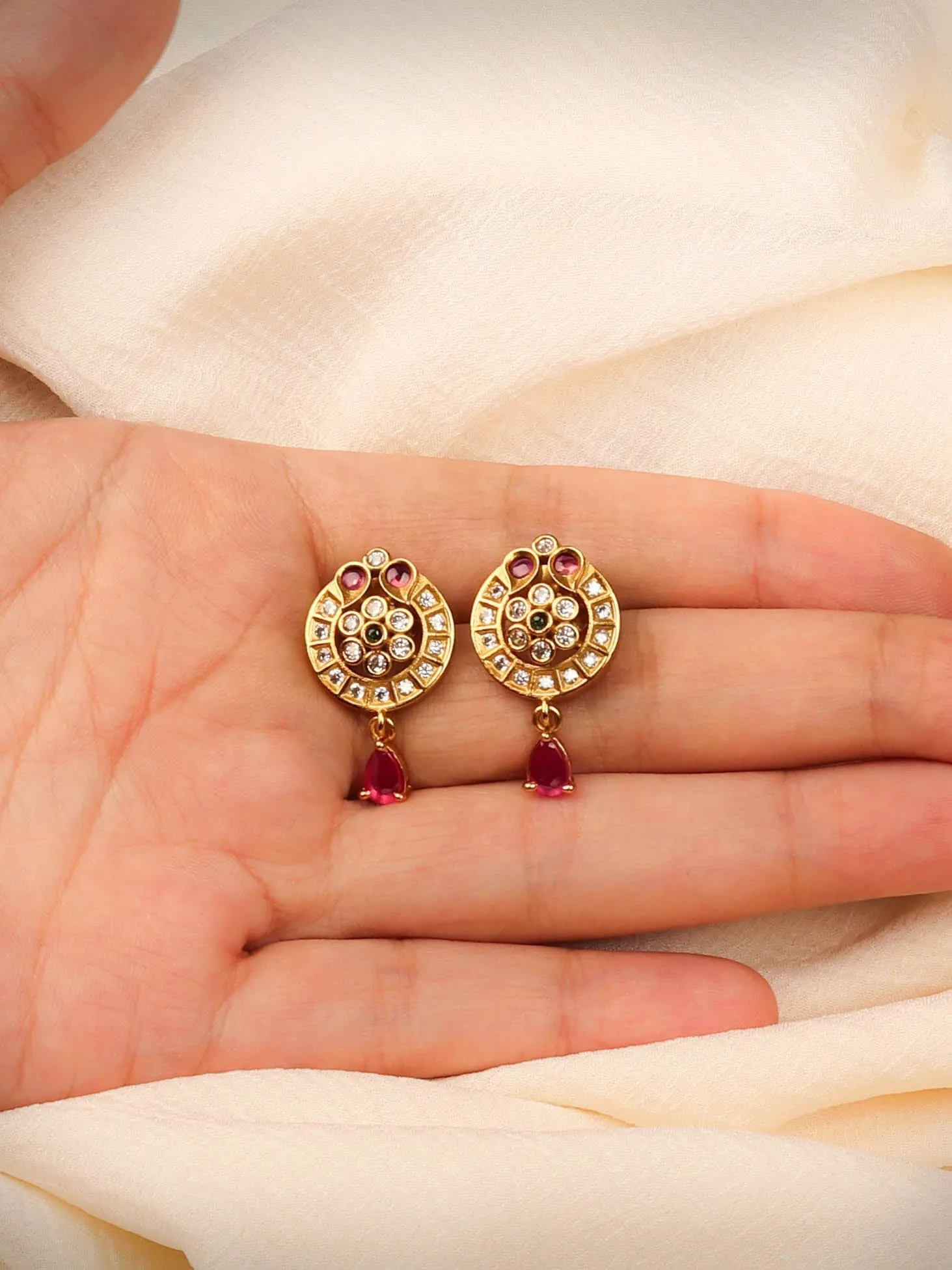 Elegant South Indian Earring With Ruby Color Stone Drop For Womens