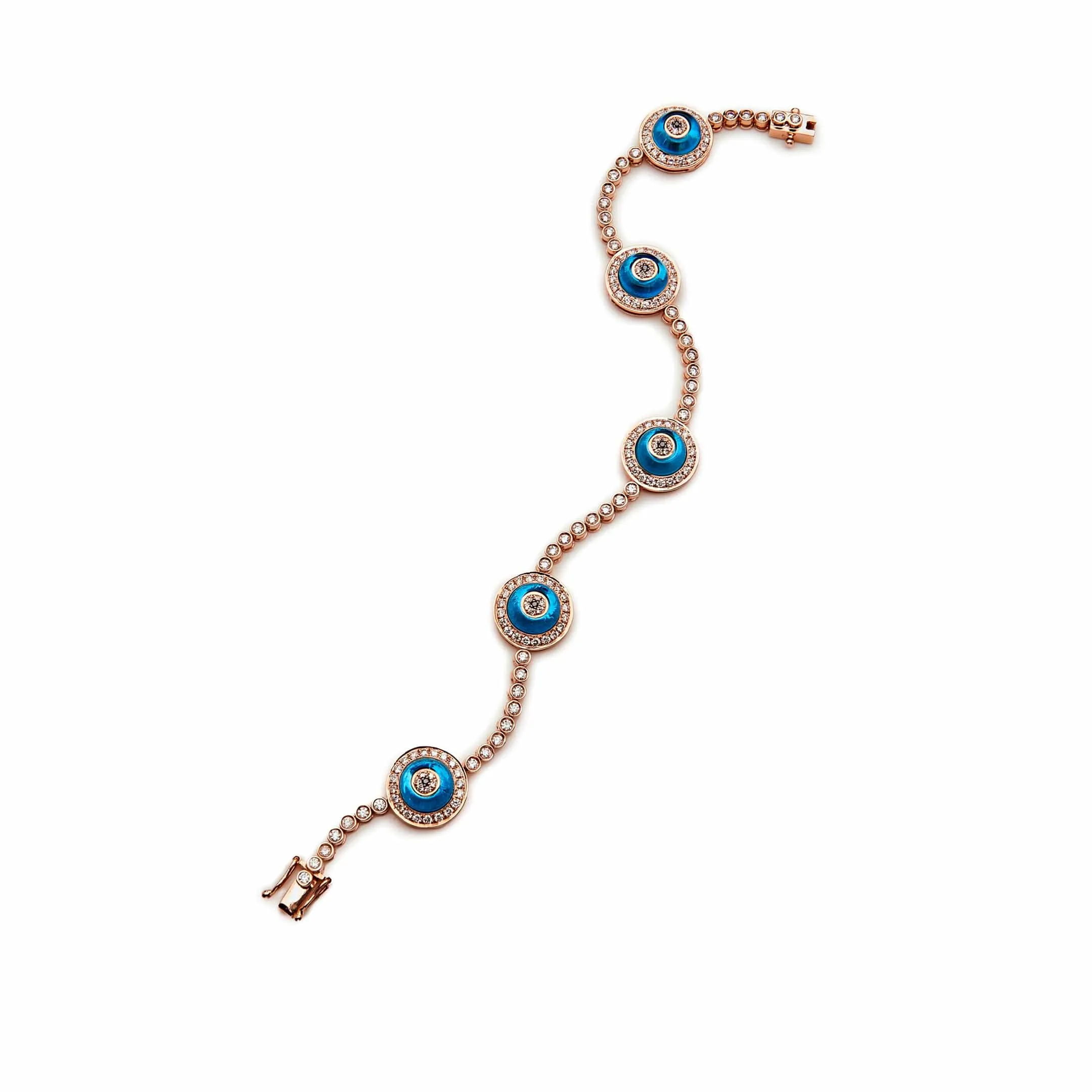 Evil Eye Blue Quartz and White Diamond Halo Rose Gold Bracelet