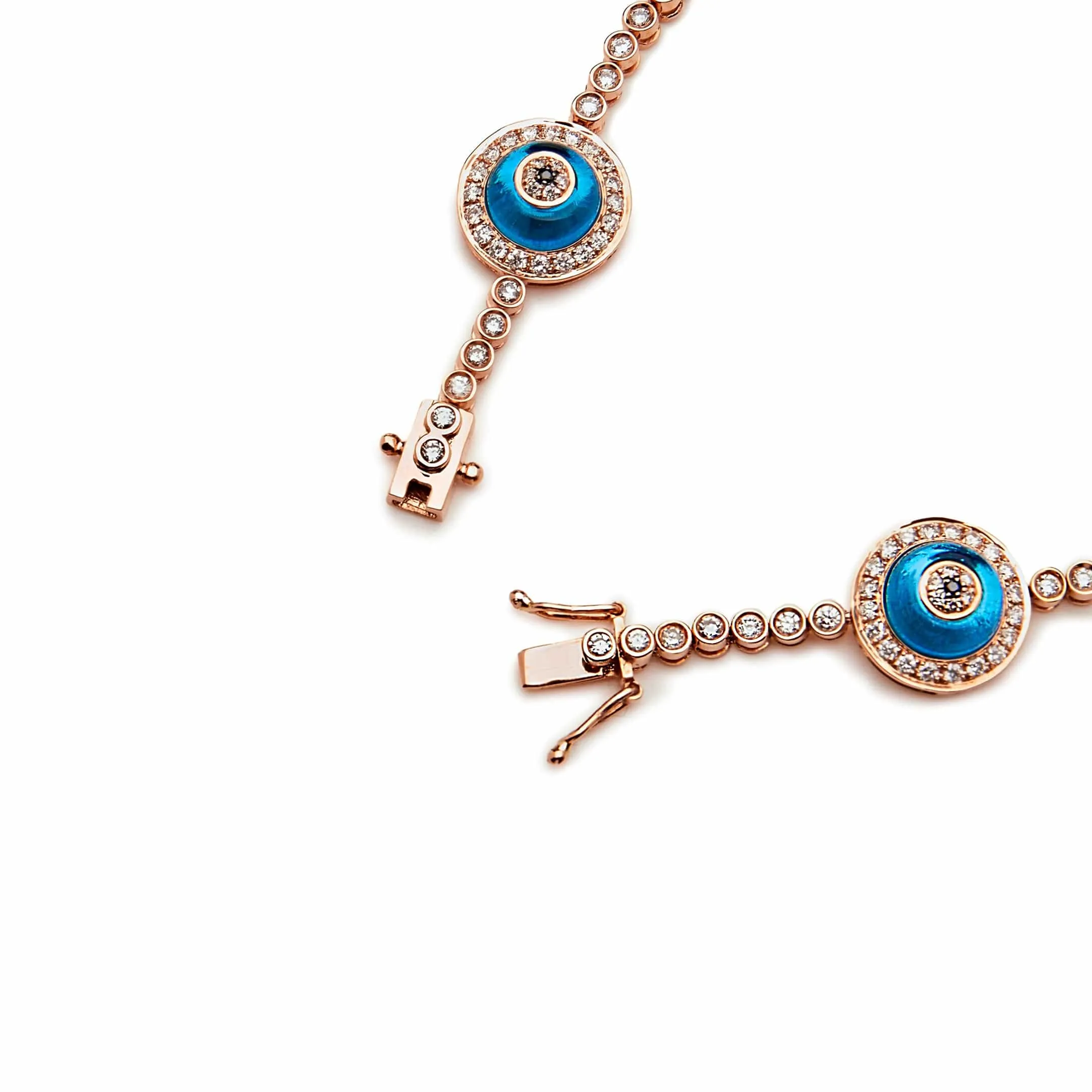 Evil Eye Blue Quartz and White Diamond Halo Rose Gold Bracelet