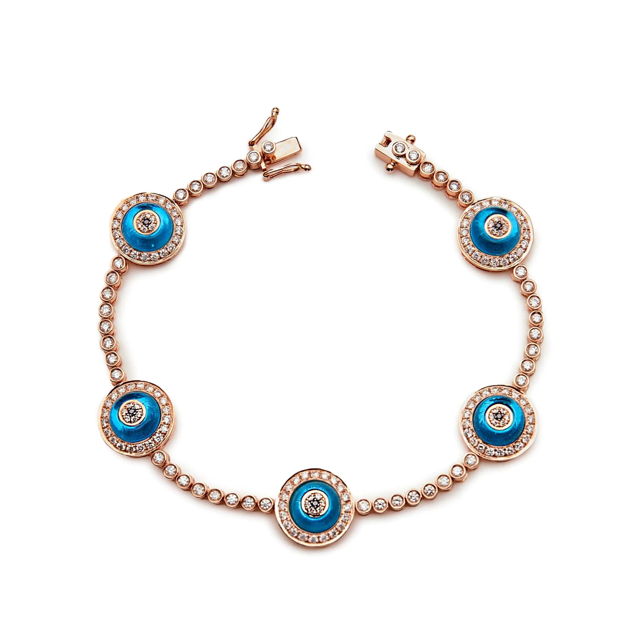 Evil Eye Blue Quartz and White Diamond Halo Rose Gold Bracelet