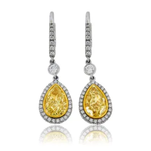 Fancy Yellow Diamond Pear & Diamond Dangle Drop Earrings