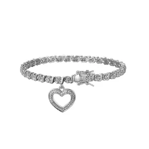 Forever Facets Diamond Accent Open Heart Charm Rhodium Plated 7.25” Tennis Bracelet, Adult Female