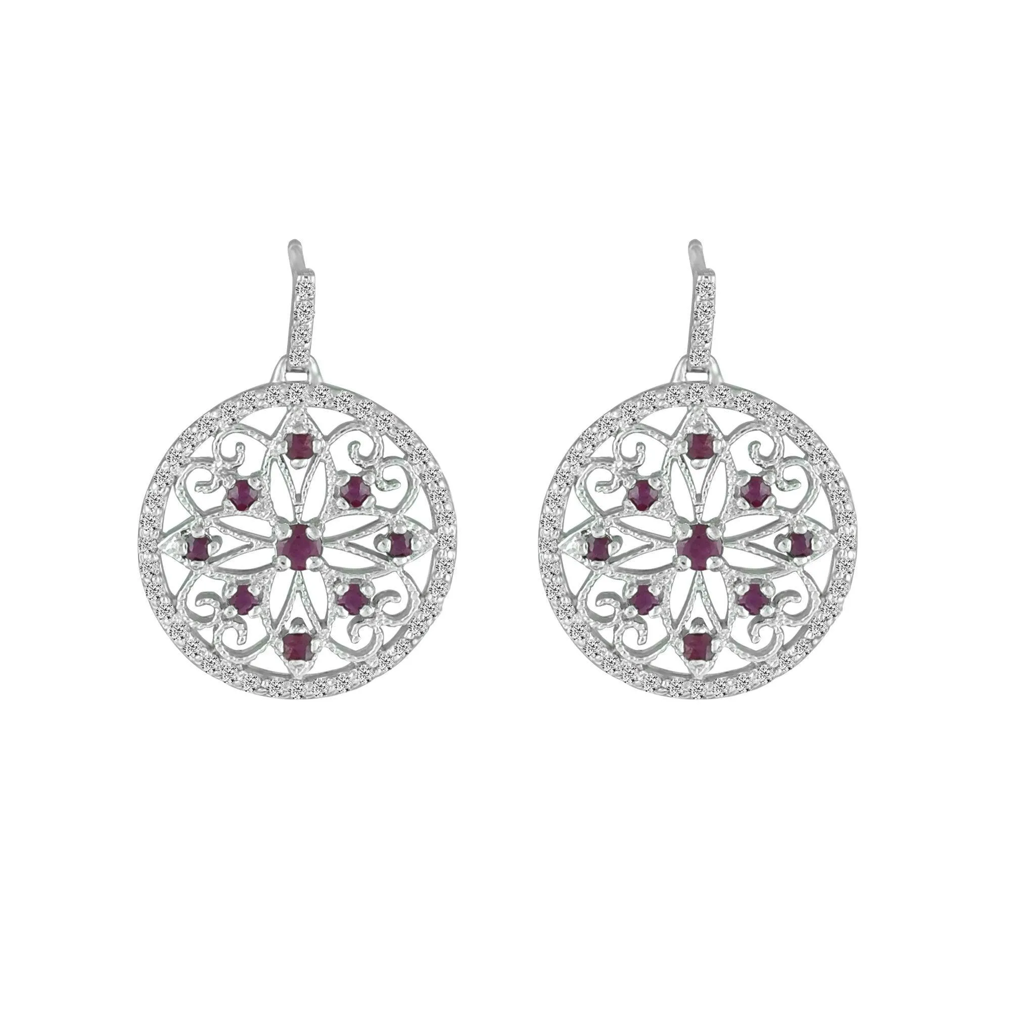 Genuine Ruby and Diamond Medallion Earrings in 10K White Gold